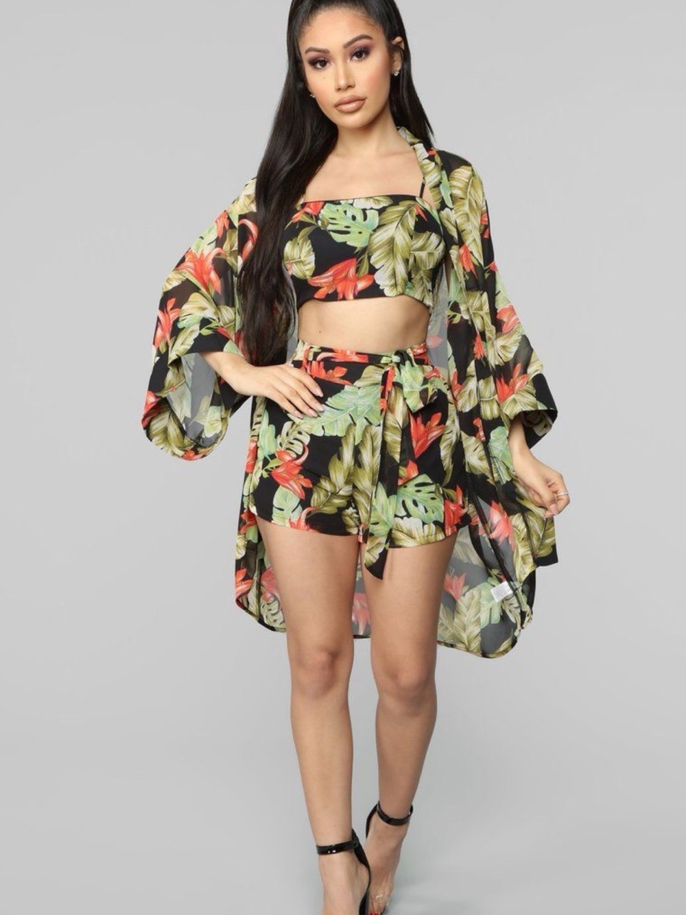 Tropical Black Floral High-Waist Tie Shorts 3 piece set